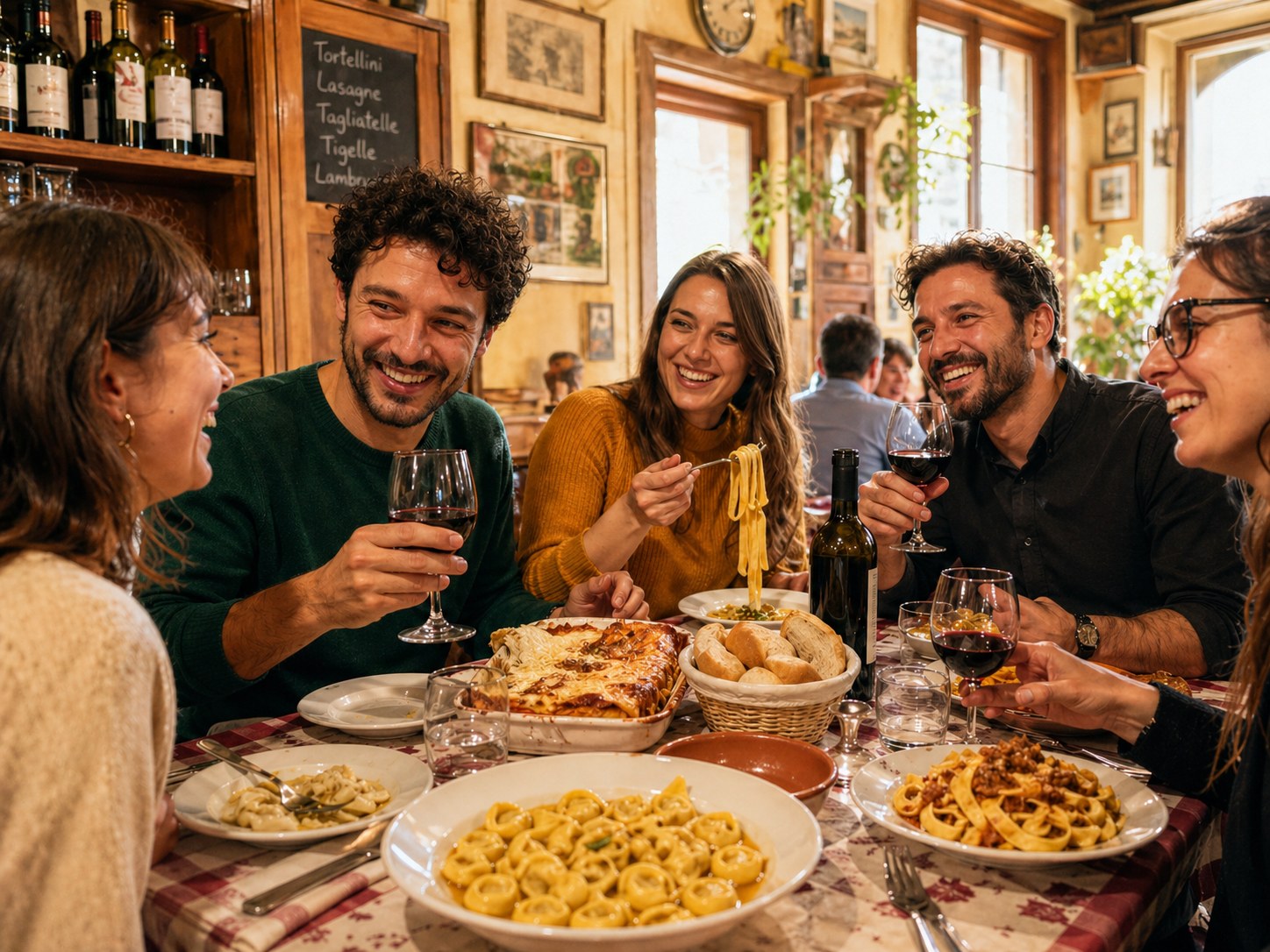 Tour group enjoying tagliatelle at a Bologna osteria