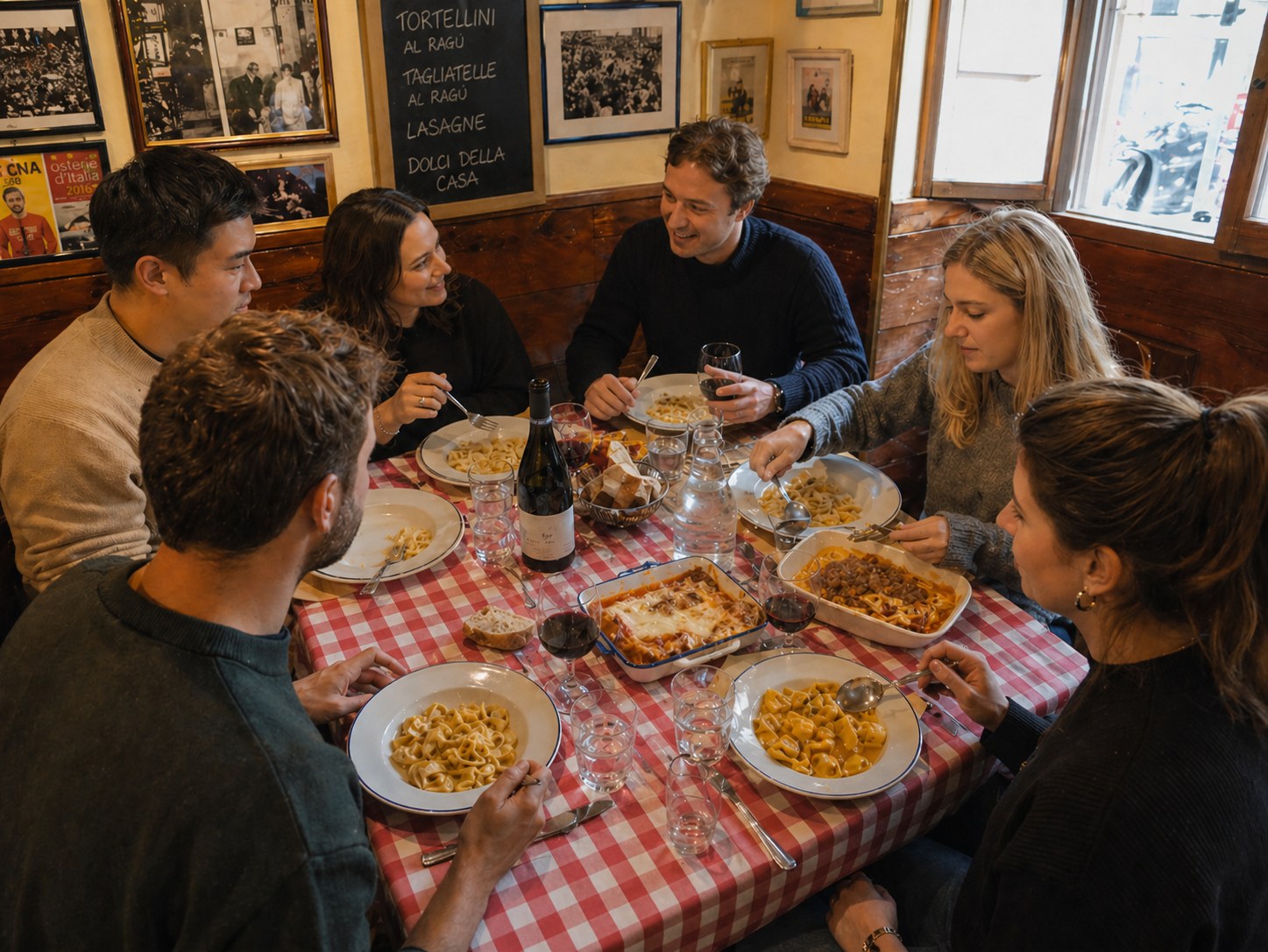 Tour group at a Bologna osteria with tagliatelle and tortellini on the menu